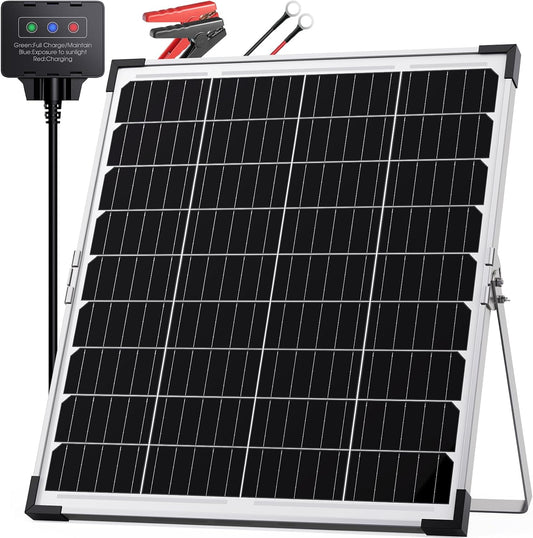 30W 12V Solar Battery Charger & Maintainer, Waterproof Trickle Charging Kit with IP68 Intelligent Controller, High-Performance Tempered Glass, for Car, RV, Marine, Camper and Trailer