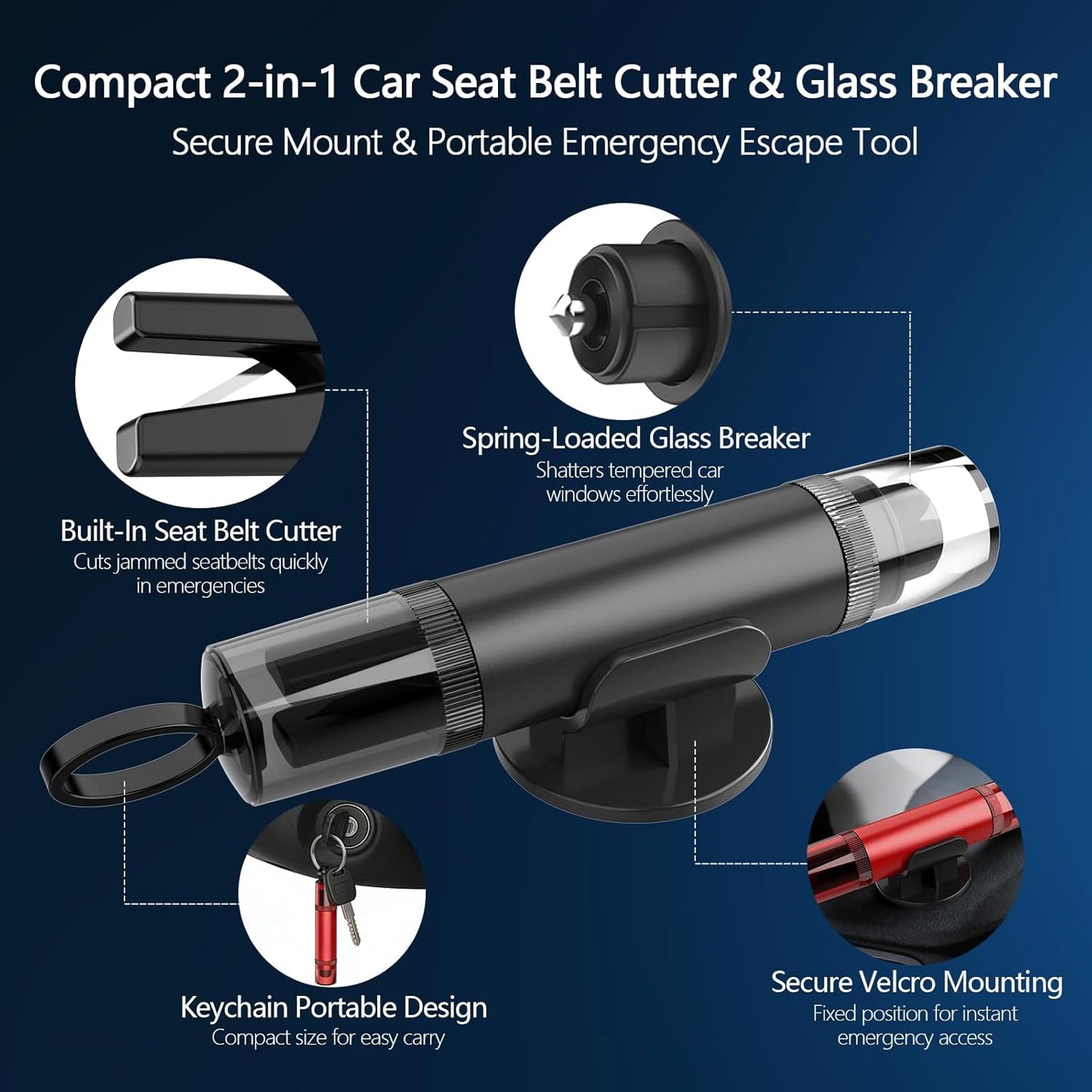 3-Pack Car Window Breaker and Seatbelt Cutter, Spring-Loaded Emergency Escape Tool, Glass Breaker for Underwater Use, 4 Car Door Shock Pads Included