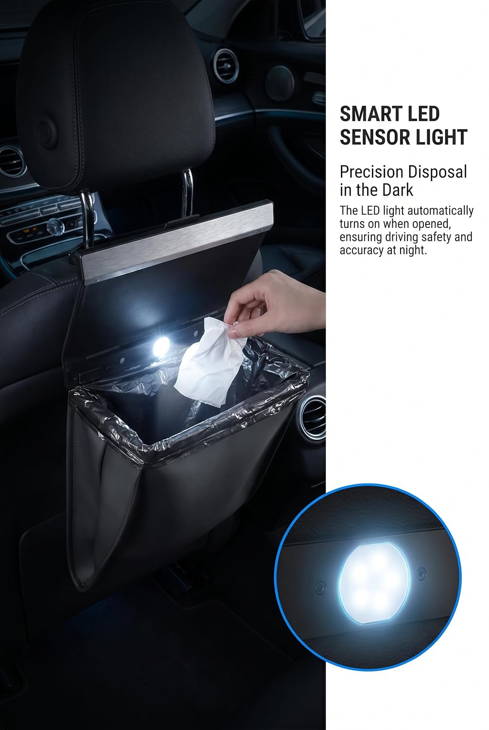Car Trash Can with LED, Leather Trash Bag Hanging with LED Light, Magnet Garbage Can for Back Seat, Console and Door, Universal for Most Cars, SUVs, Trucks (Black)