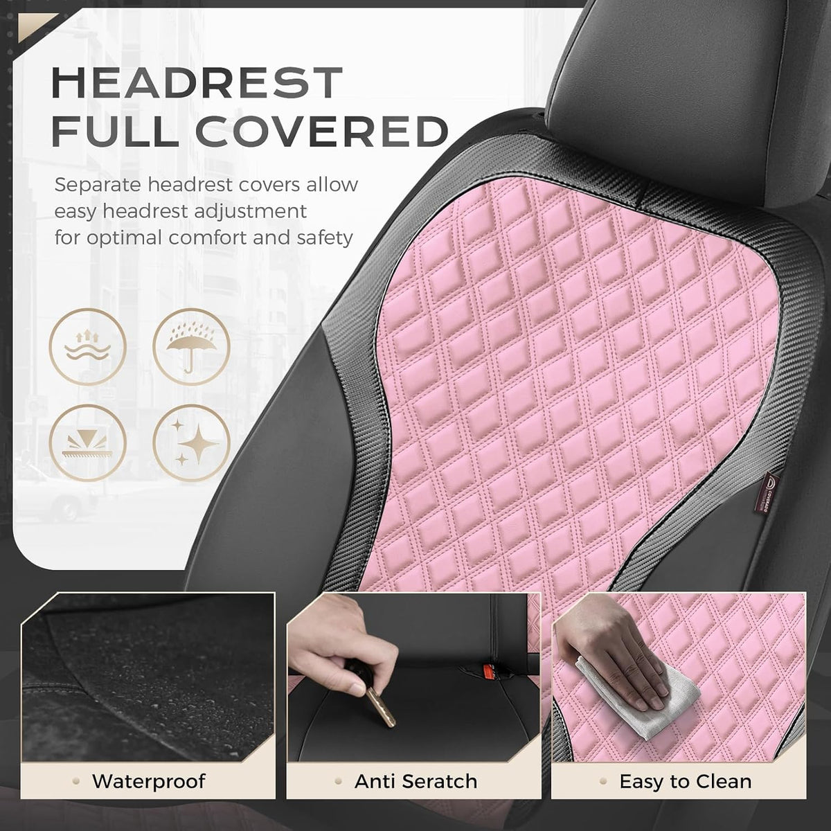 Coverado Seat Covers Front Seats, Luxury Diamond Leather Car Seat Cover, Sports Carbon Fiber Design Waterproof Car Seat Protector, Black Pink Automotive Seat Covers Universal Fit Most Cars
