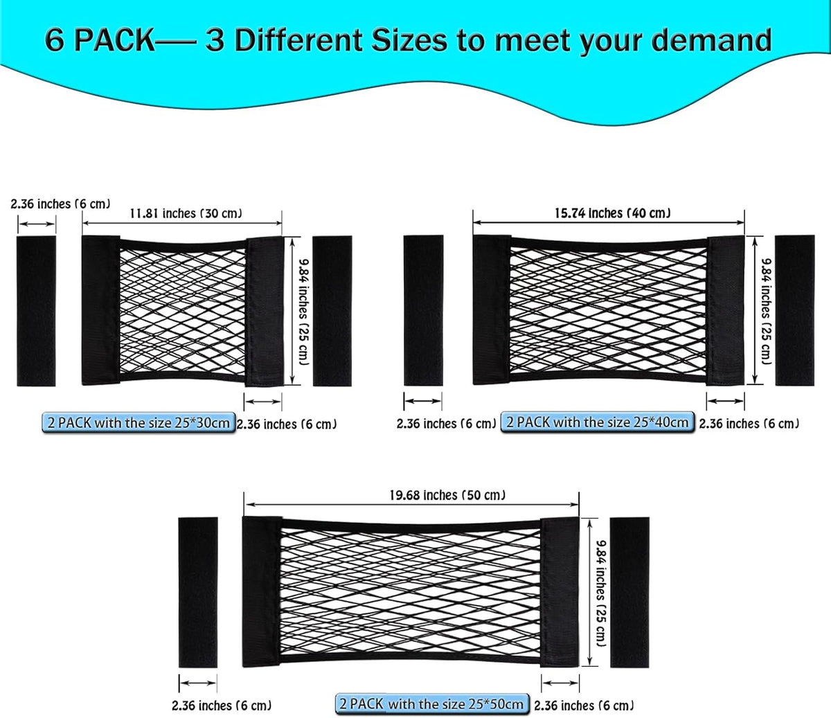 6 Pack Mesh Cargo Net Trunk Cargo Net Wall Sticker Organizer Pouch Bag Elastic Net with Tape Stickers for Car Trunk Storage Storage Holder for Kitchen Cabinet,Closet Organize