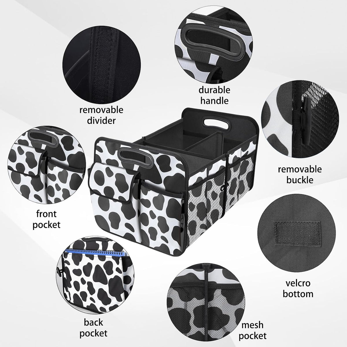 Trunk Organizer for Car, 72L Collapsible Waterproof Car Organizers and Storage, Car Accessories for Women and Men, Multi-Compartment Storage Organizer for SUV, Cow Print