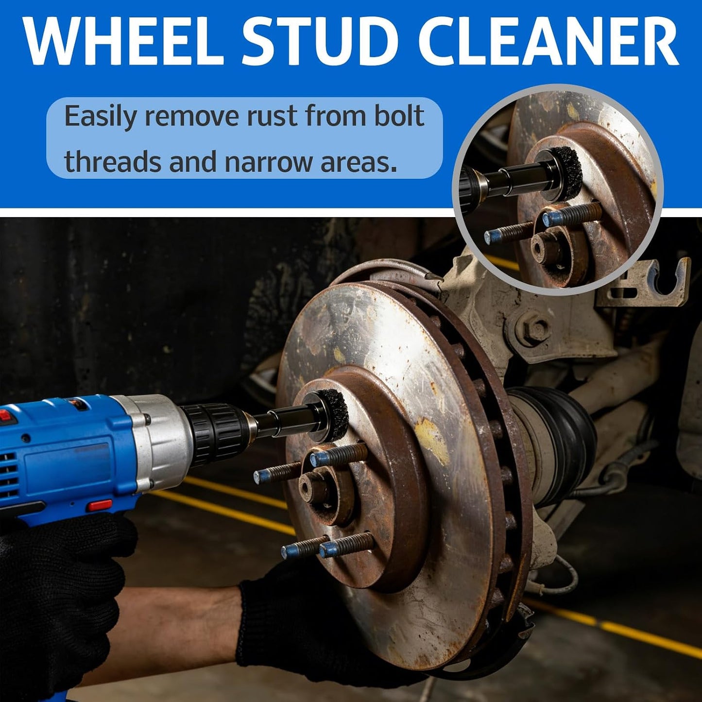 Wheel Hub Cleaning Tool, Wheel Stud Cleaner Includes 6 Grinding, Quick Rust Removal Brake Hub Cleaning Tool, Hub Resurfacing Tool Fits Power Drill or 1/2" Impact Driven Wrenches