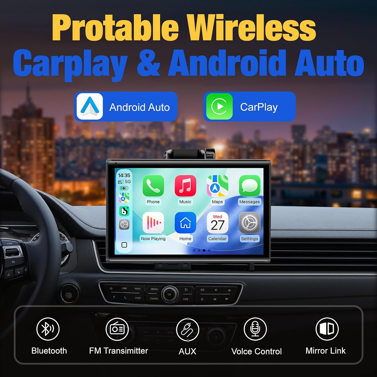 Carplay Screen for Car, 7 inch Wireless Carplay & Android Auto（Black）