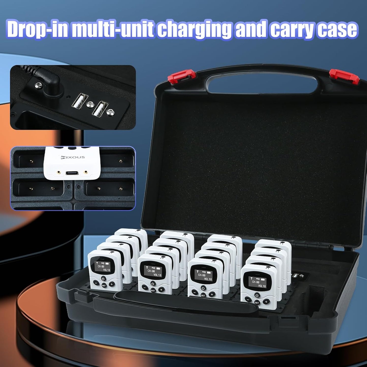 Wireless Tour Guide System with Charging and Carry Case. 200m, 16kHz High-Fidelity Sound Church Translation, Headsets for Plant, School, Simultaneous Interpretation (1Tx 15Rx)