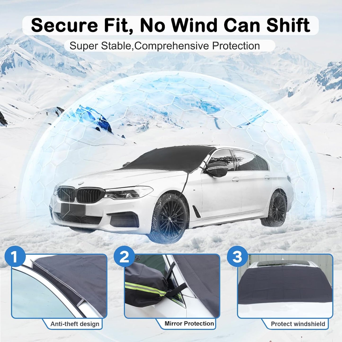 DooGooCoo [Upgraded] 7-Layer Car Windshield Snow Cover, [Efficient Winter Protection] Against Snow, Ice, Frost and Water, [Military-Grade Durable] Universal Fit for Cars, SUVs, and Trucks-Medium