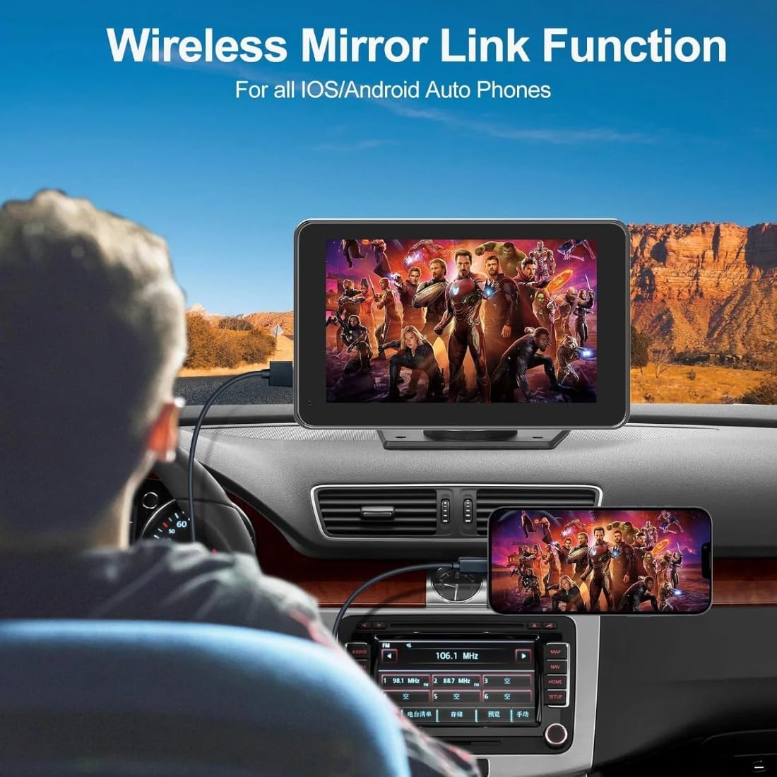 Portable Wireless CarPlay & Android Auto Screen for Car, 7" HD Touchscreen Car Stereo with Backup Camera Mirror Link, Bluetooth 5.0, FM Transmitter, AUX/Type-C Interfaces & Reversing Input