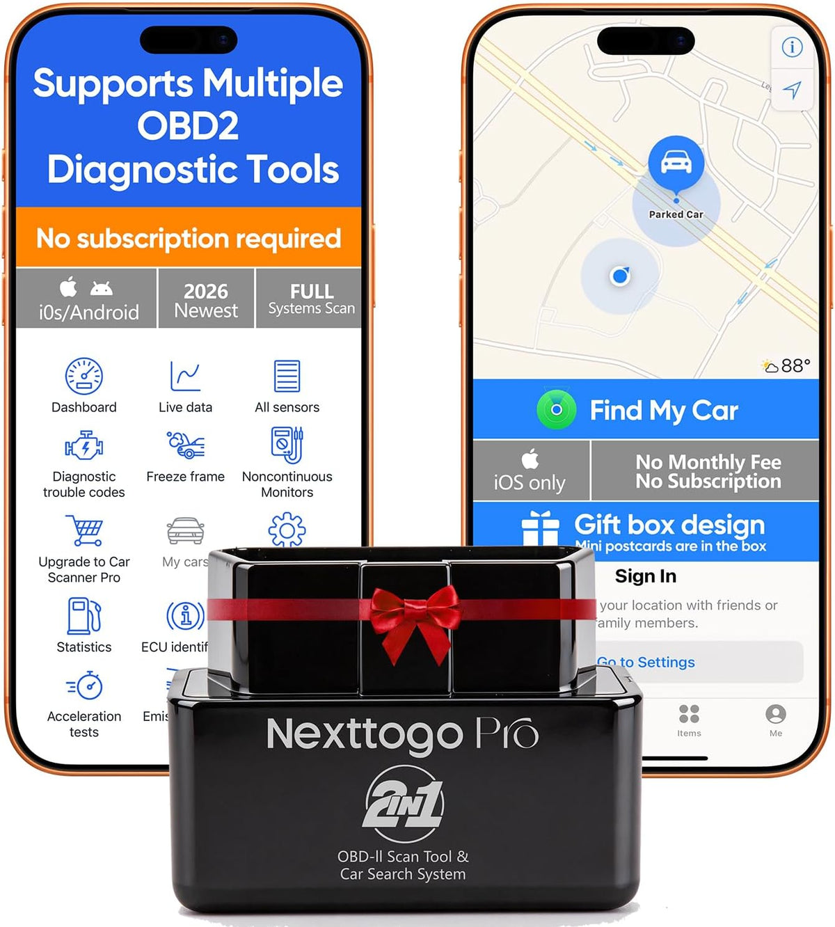 2-in-1 OBD2 Scanner & Locator, Diagnose Engine + Track Car, No Subscription, Bluetooth Car Code Reader for iOS & Android