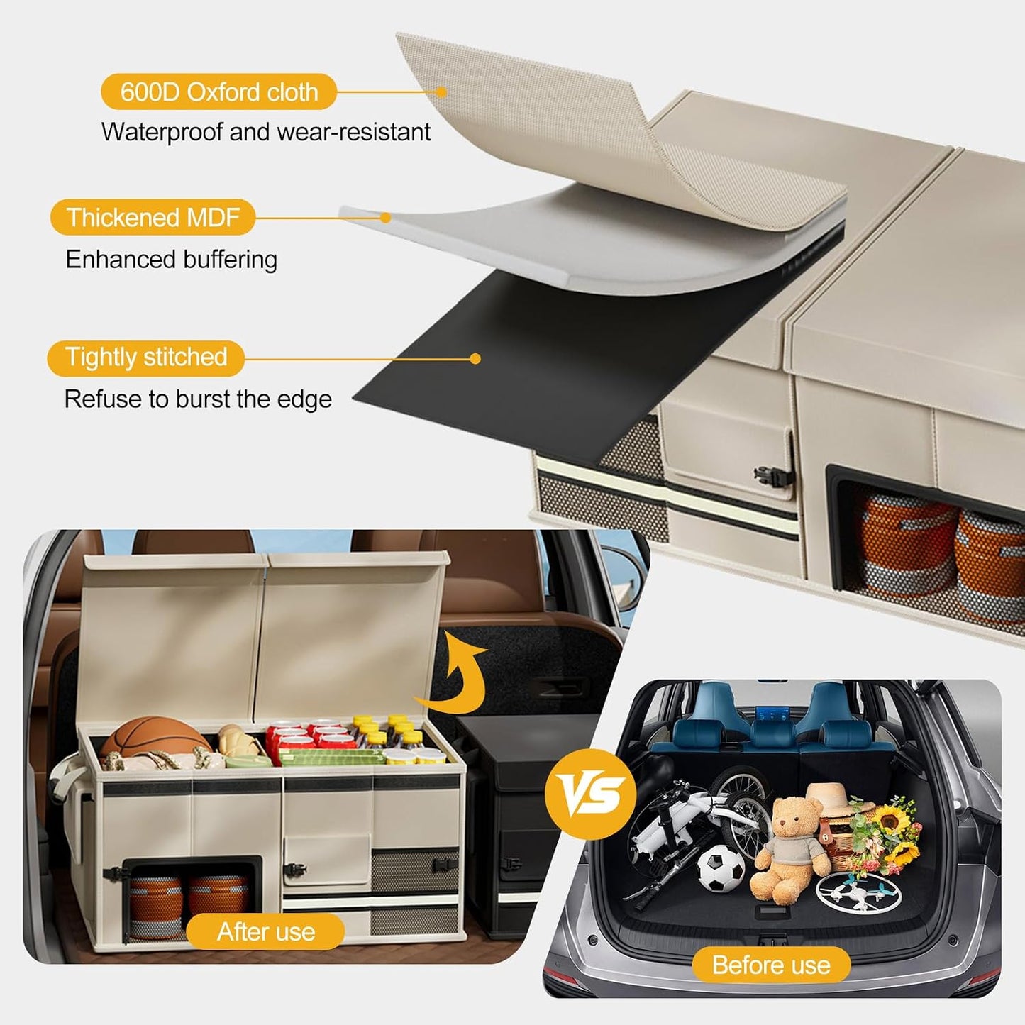 Ergocar Car Trunk Storage Organizer Oxford Cloth Car Interior Accessories Folding Multi-Compartment Suitable For Suv/Truck/Automotive