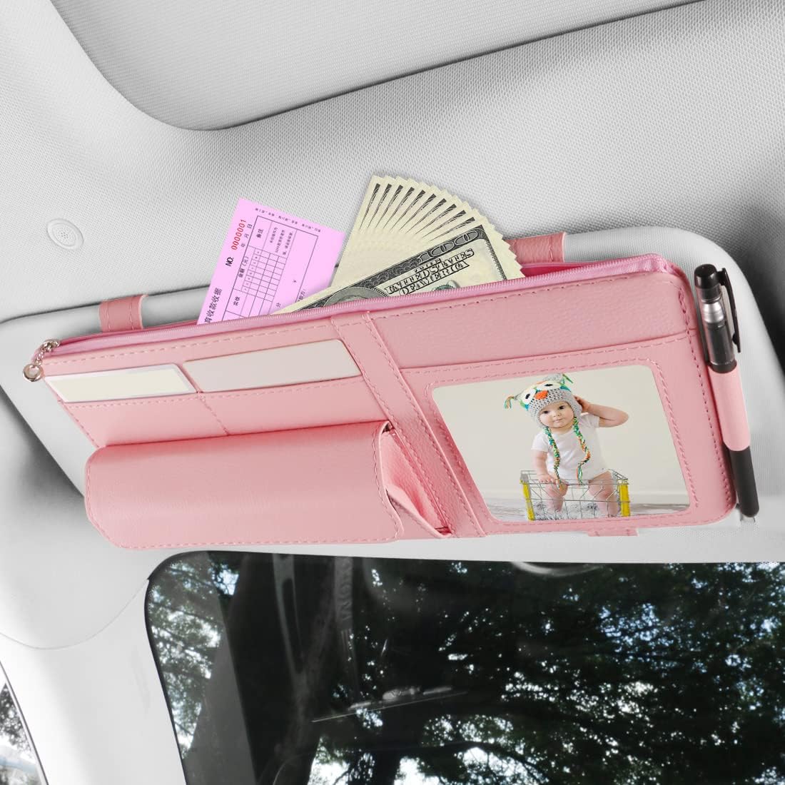 Visor Document Holder for Truck, Car Sun Visor Organizer, Visor Storage Pouch Holder with Sunglasses Clip, Picture Frame, Essential Visor Accessories for Driver Auto Owners Pink