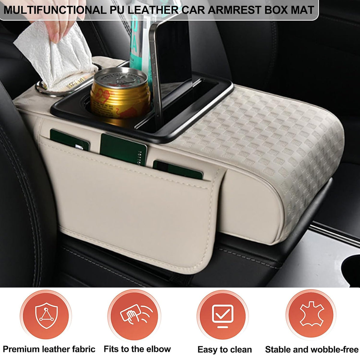 Center Console Cover,Car Armrest Cushion Multifunctional with 2 Storage Bags Cup Holder,Phone Slot,Tissue Box Slot for Most Cars Accessories Interior Organizers-Black 13.8x7.9 in