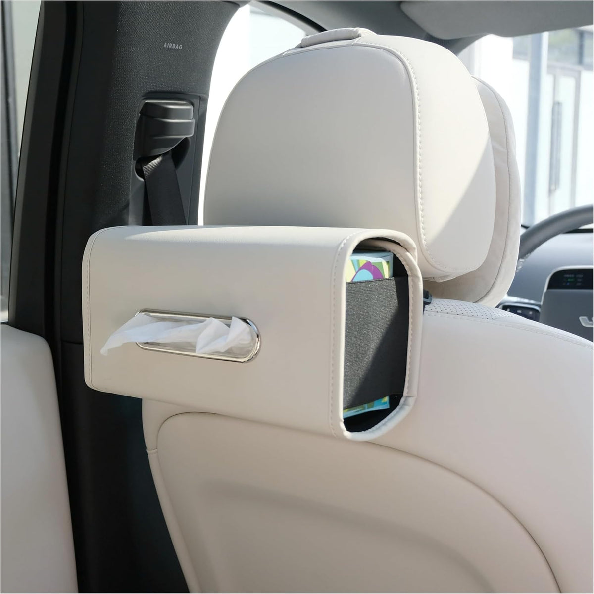 Car Tissue Holder, Ompellus Premium PU Leather Tissue Box Holder for Car Seat Back, Extra Large Tissue Box Cover Rectangle Fits for Regular Size Tissues (Beige)