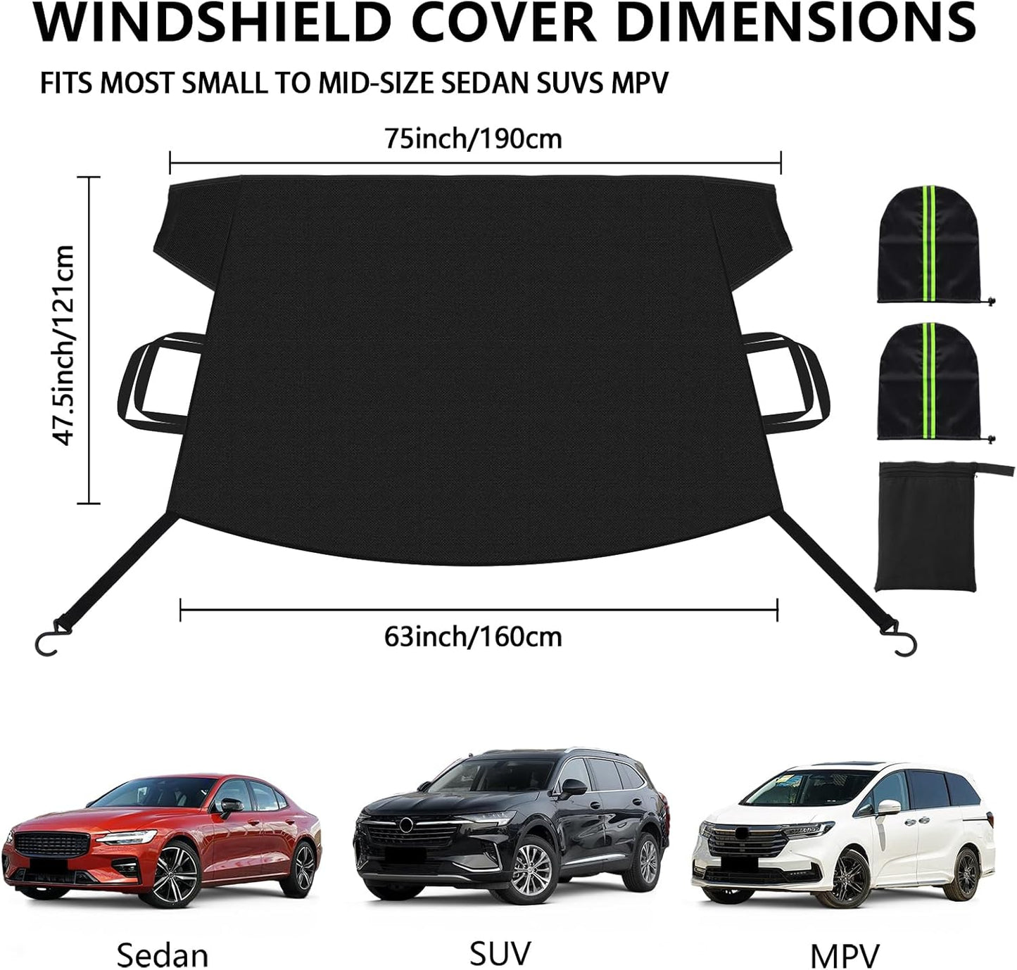 KXQ Car Windshield Cover for Ice and Snow, Enhanced-600D Oxford Fabric Windshield Snow Covers, Windshield Cover for Snow Fits Most Small to Mid-Size Sedans and SUVs (63 x 47.5 Inch)