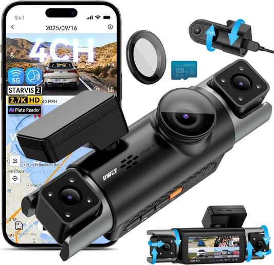 IIWEY 4 Channel Dash Cam 360° View, STARVIS 2 Front 2.7K Rear 2K Inside 1080P x2, 8IR LEDs Night Vision 3.0, PlateTag AI for Plate Clarity, 5GHz WiFi GPS, Voice Control, 24/7 Parking Mode, 128GB Card
