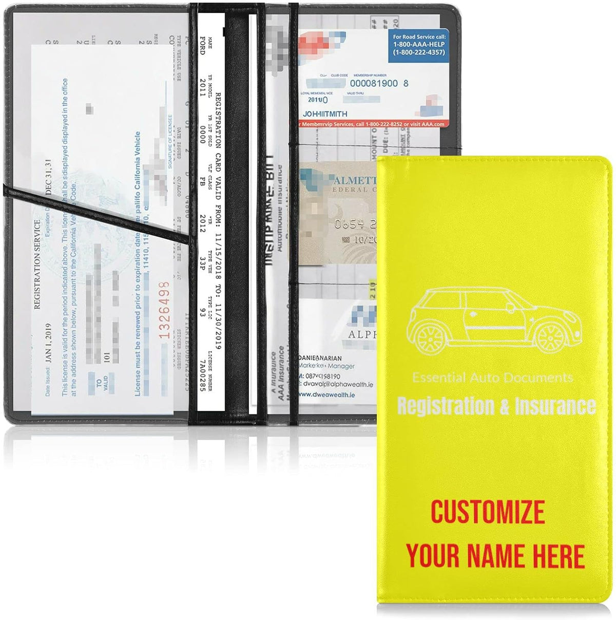Custom Car Registration and Insurance Card Holder Personalized Leather Glove Box Organize Men Women Wallet Accessories Case for Cards, Essential Document Driver License Yellow