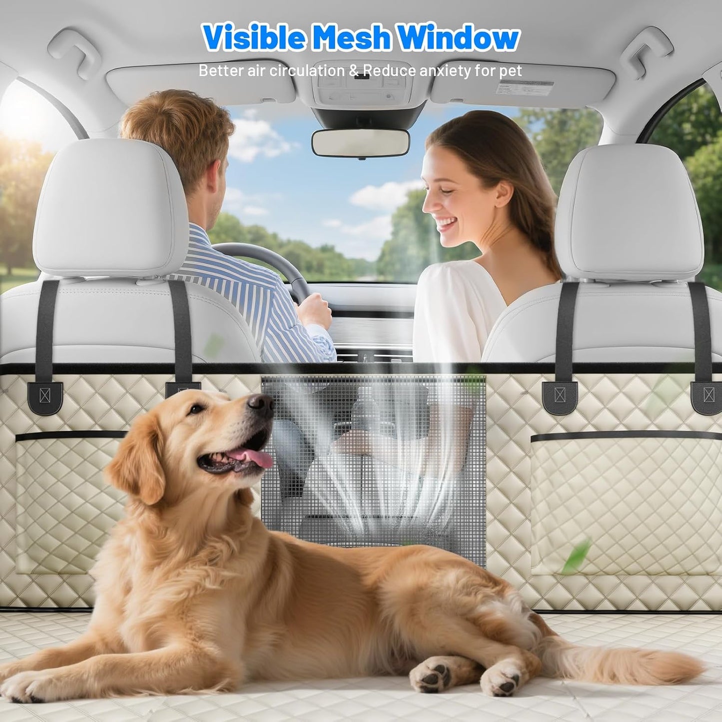 Dog Car Seat Cover for Back Seat with Hard Bottom,Waterproof Back Seat Extender for Dogs,Dog Hammock Dogs Bed for Cars, SUVs,Pet Seat Cover for Back Seat Holds 400lbs with Mesh Window & Pocket-Khaki