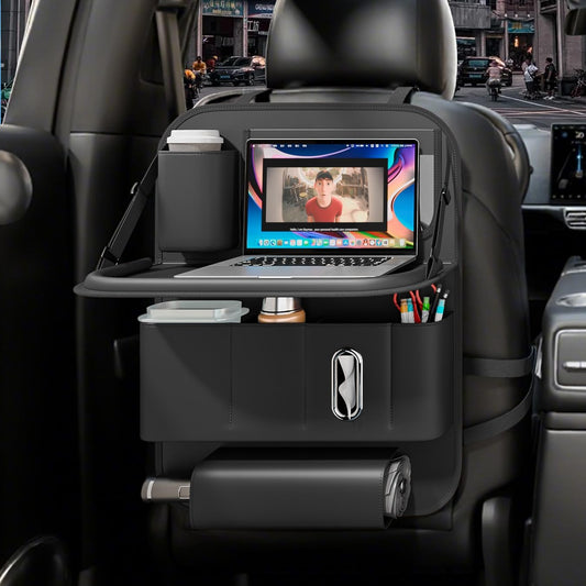 GMQ Backseat Car Organizer with Tray 1 Pack,Car Backseat Organizer with Foldable Table for Kids,Multifunctional Seat Back Organizer with Storage Pockets Car Storage Organizer (Black)