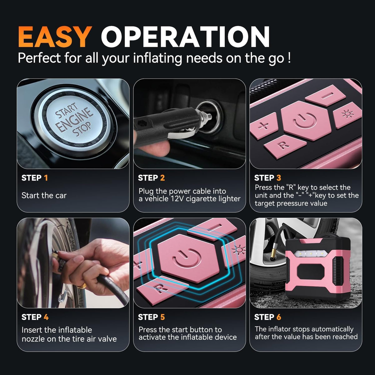 Auto Dynasty 12V Digital Tire Inflator, 150 PSI Air Pump with LED, Pink