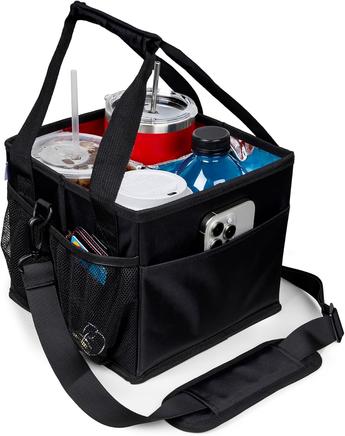 Reusable Drink Carrier with Handle – Tip-Resistant 4 Cup Carrier with Shoulder Strap for Delivery – Insulated, Foldable, Adjustable Dividers – Portable Caddy Tote Bag, Drink Holder for Car