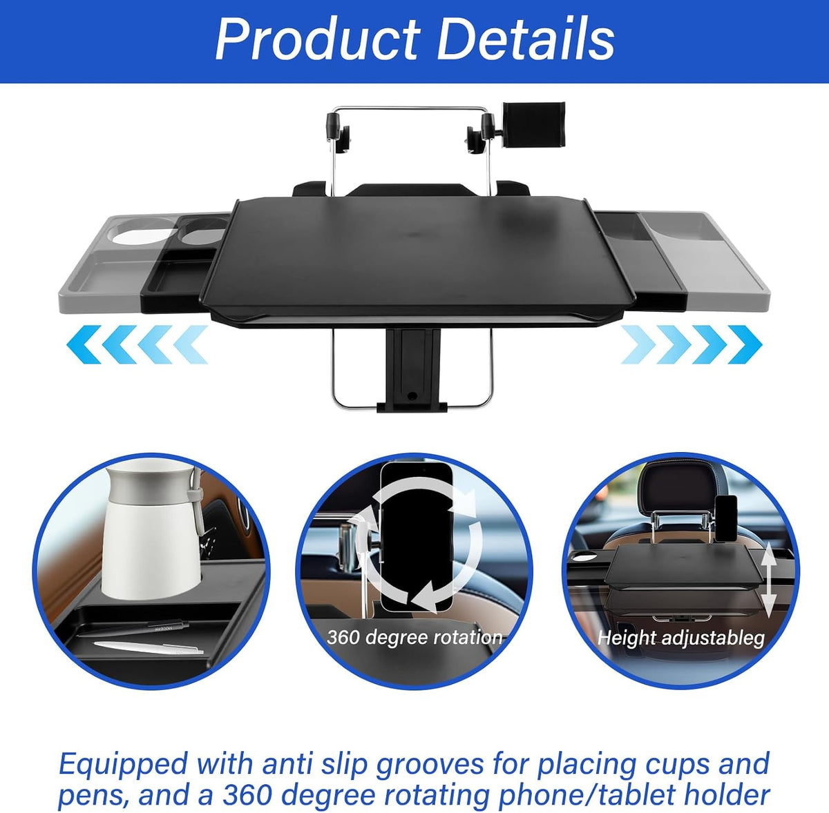 Large Car Steering Wheel Tray, Adjustable Back Seat Headrest Tray, Laptop Mount Steering Wheel Desk with Drawer, Car Tray Cup Slot and Tablet Slot with Phone Holder for Large SUV,Truck,Van