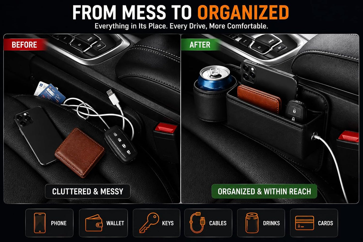Car Seat Gap Filler Organizer with Cup Holder, Universal Car Storage