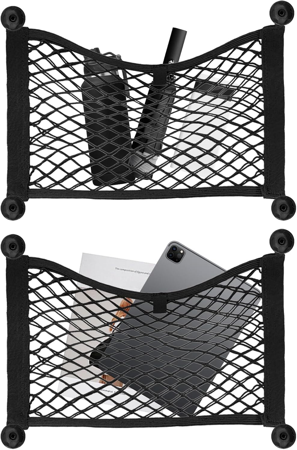 Small Cargo Net Pocket, 2-Pack Elastic Mesh Storage Organizer for Car, Trunk, RV, Boat, and Home, Mesh Pouch with Hooks & Screws (17.7” x 9.8”)