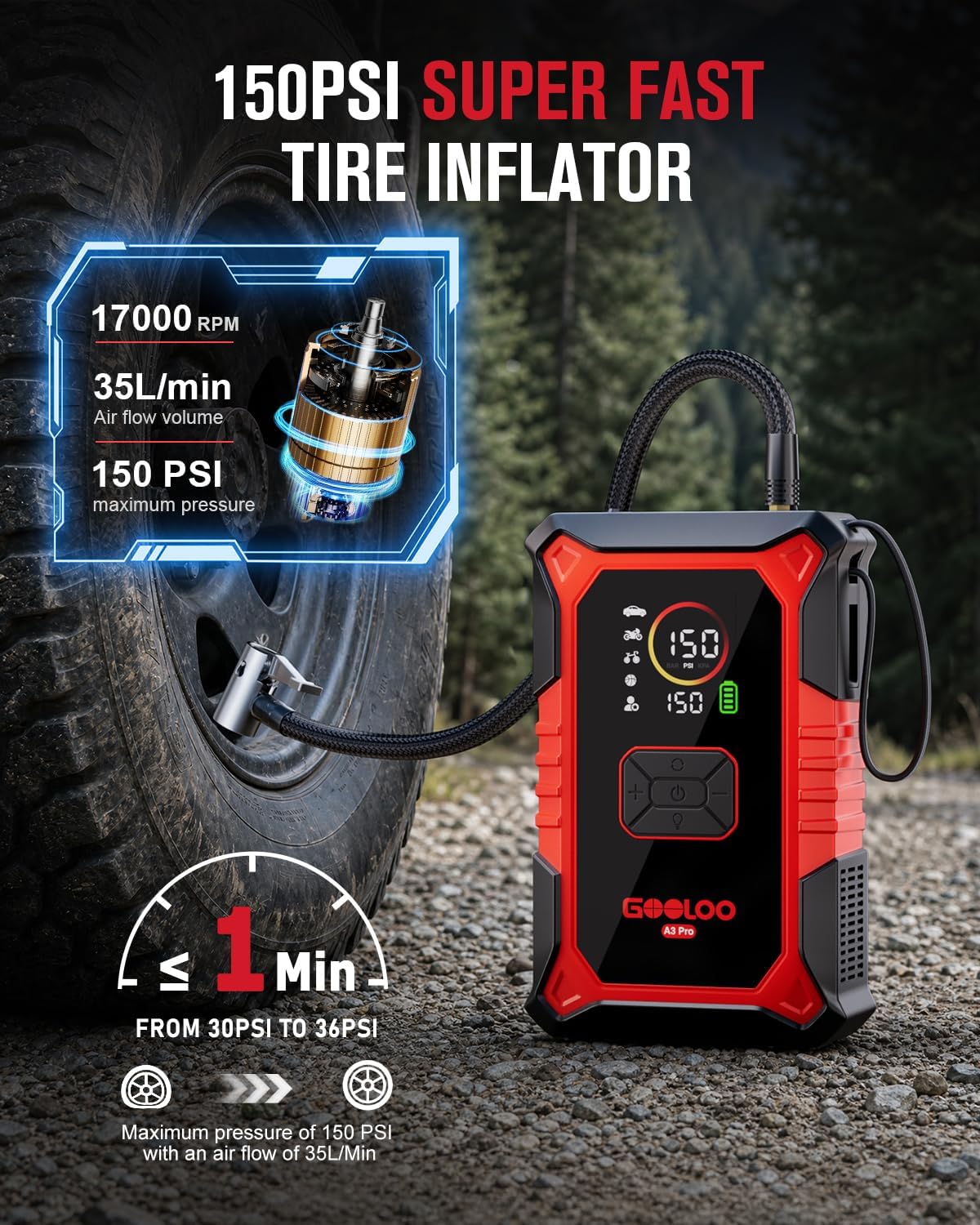 GOOLOO A3 Pro 12V 3000A Portable Car Jump Starter with Air Compressor