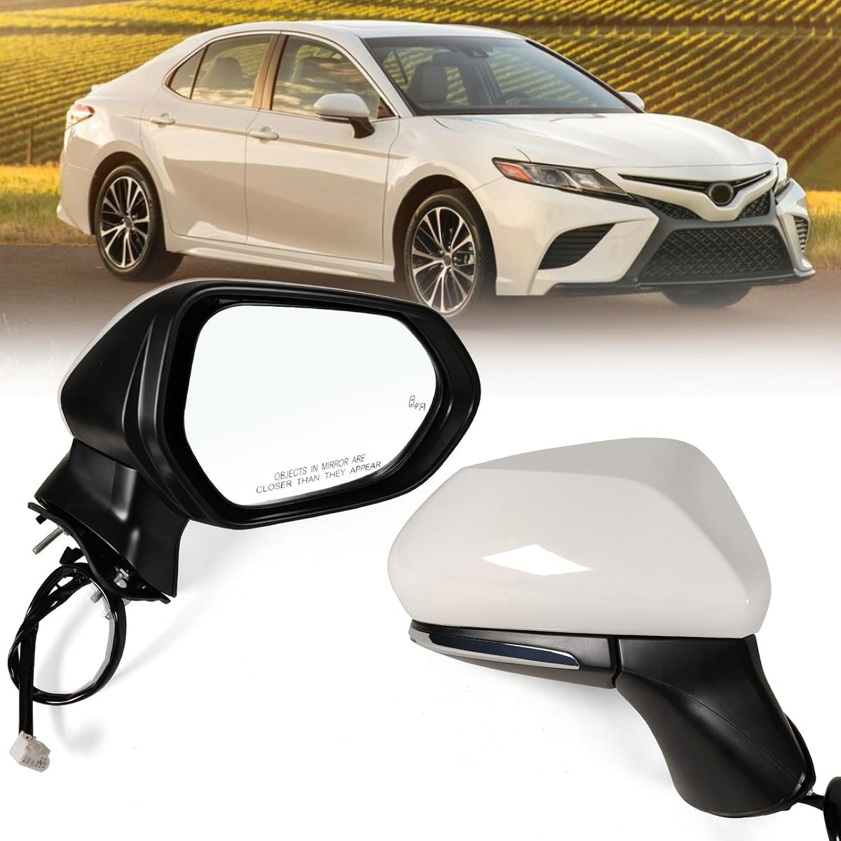 Right Passenger side Mirror Fits 2018-2024 Toyota Camry with Power Glass without Heated without turn signals without Blind Spot Match Super White Replace 8791006800(3Pins)