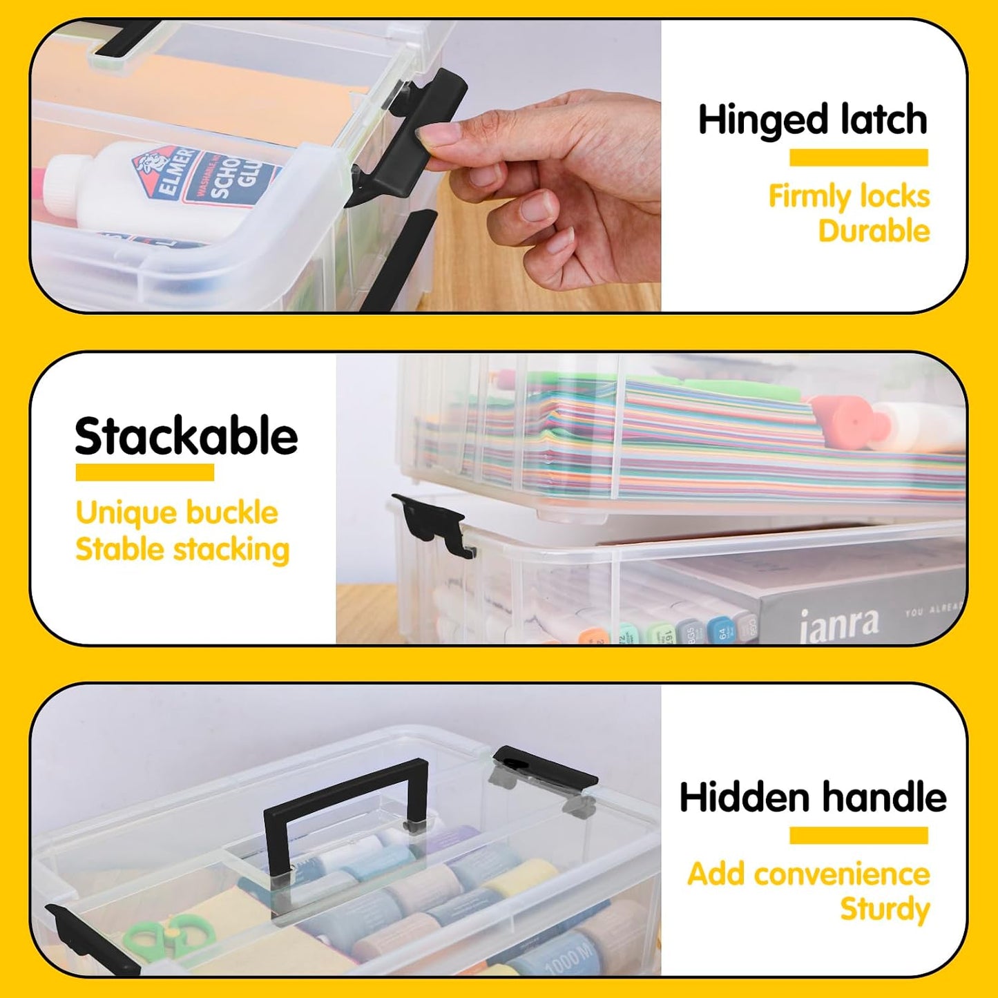 TERGOO 2 Layer Plastic Storage Containers with Lids, Multipurpose Clear Stack & Carry Box, Portable Craft Organizers and Storage Bin for Organizing Art & Craft, Sewing, Makeup, Nail Supplies (Black)