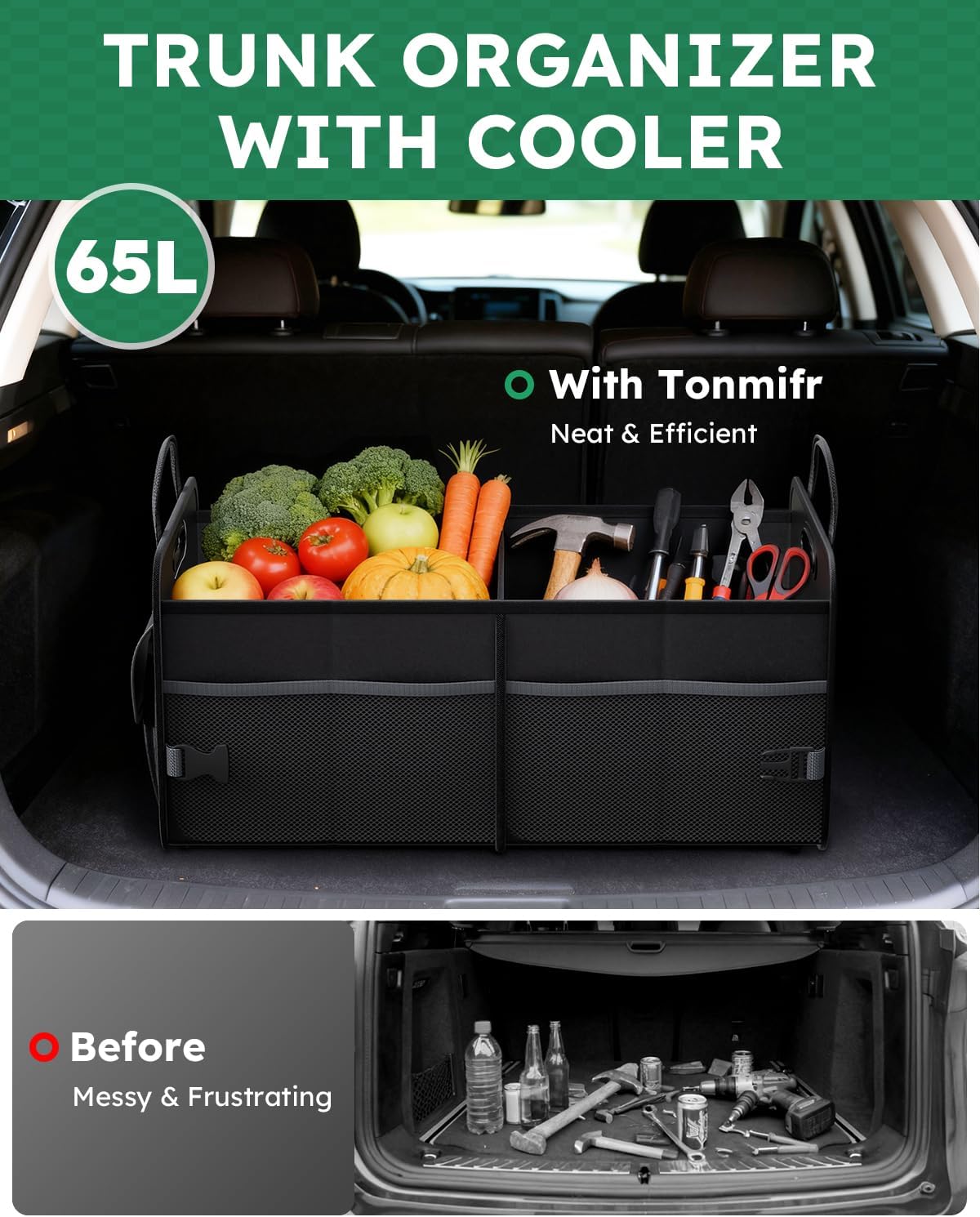 2-Compartment Trunk Organizer & Multi-Compartment Storage Box 600D Waterproof Oxford, with Reflective Strips and 8 Side Mesh Pockets for SUV, Sedan, Minivan- Heavy-Duty Car Organiser(65L)