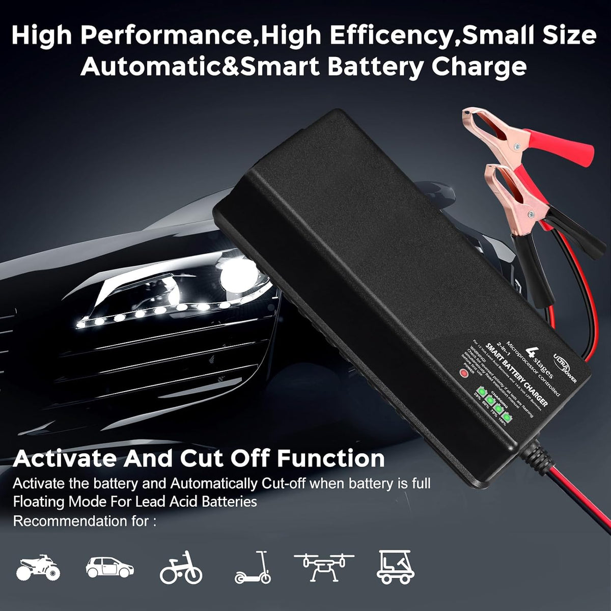 ULTRAPOWER 14.6V 10A LiFePO4 Battery Charger,Smart Battery Charger for 12V LFP Batteries and Lead Acid Battery,4LEDs Indicator,Fast Charging,High Efficiency for Deep Cycle Batteries.