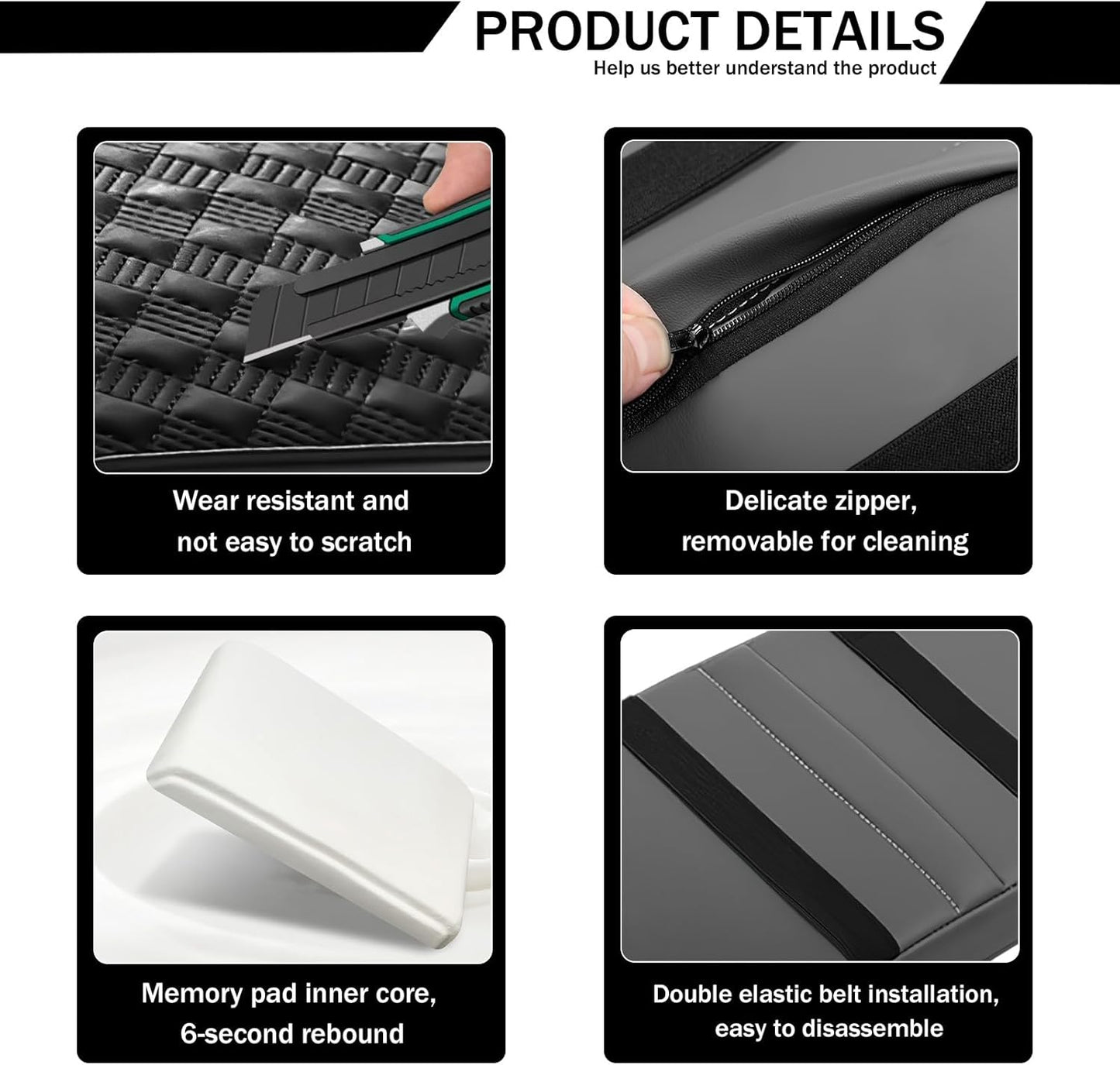 Car Armrest Cushion, 12.2"×8.3" Leather Auto Memory Foam Center Console Pad with Storage Pocket, Waterproof & Anti-Scratch Elbow Pillow Armrest Seat Box Protector, Universal Fit (Black)