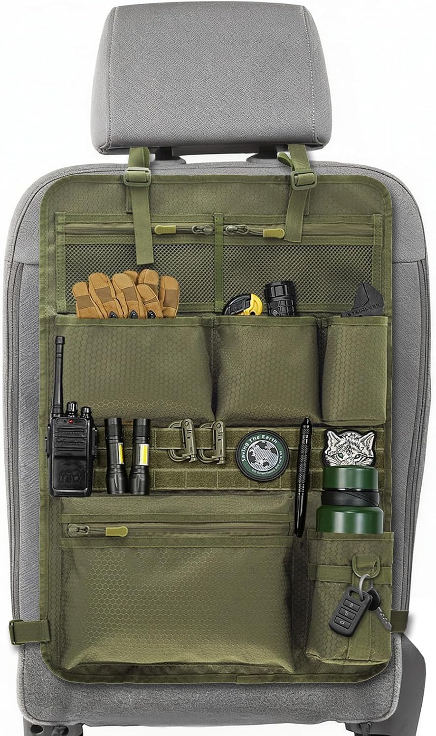 Tactical Car Seat Organizer with Multiple Pockets, MOLLE Panel System & Mesh Compartments, Durable Nylon Universal Vehicle Seat Back Storage with Cup Holder, Water-Resistant (Army Green)