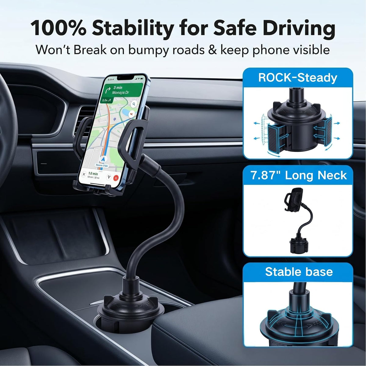 Cup Holder Phone Holder for Car, Adjustable Gooseneck Mount for 4-7" Phones