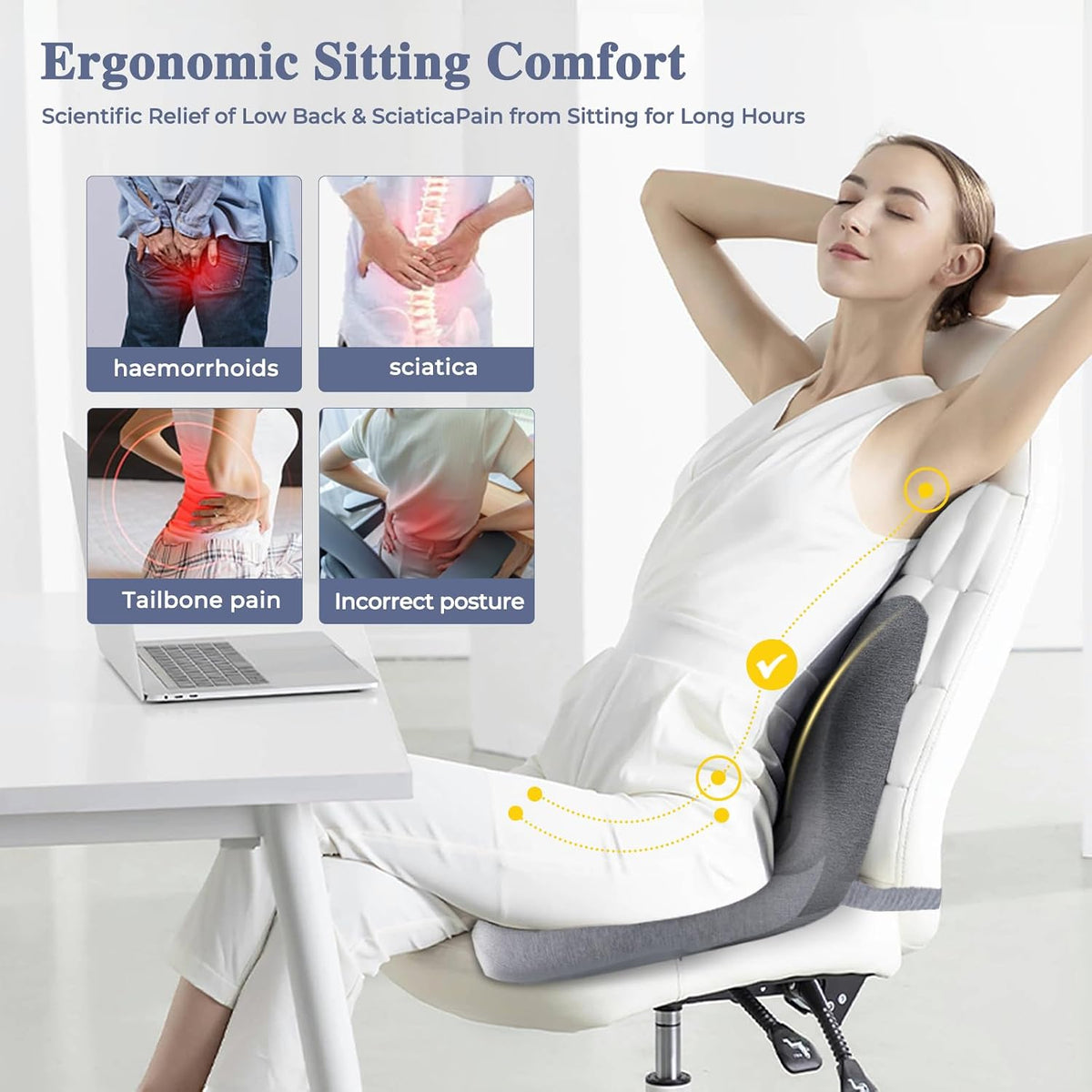Car Seat Cushion, Memory Foam Driving Cushion with Adjustable Strap, Ergonomic Pad for Car & Semi Truck, Office Chair Cushion for Sciatica & Lower Back Pain Relief, Light Gray