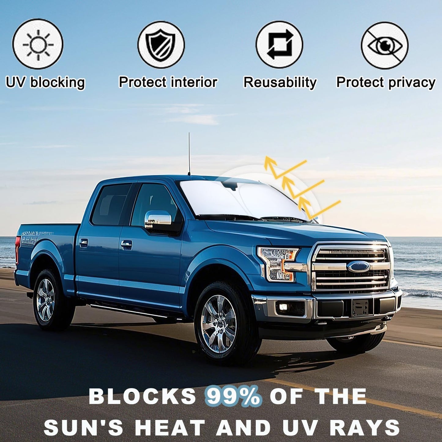 PIMCAR Windshield Sunshade for Ford F-150 2015-2020 | Premium 310T Reflective Polyester UV & Heat Blocker | Reduces Interior Temperature, Foldable with Storage Pouch