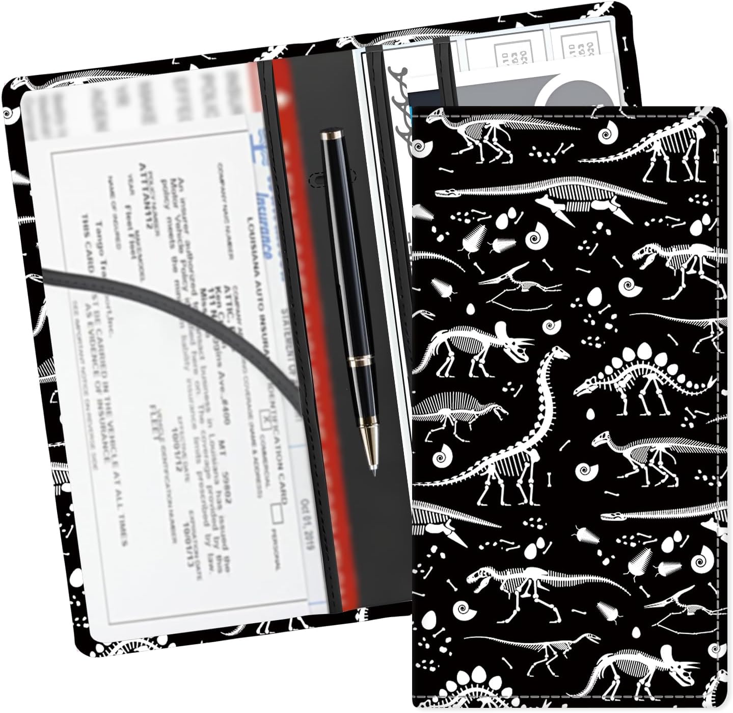 Leather Car Registration and Insurance Card Holder, Cute Car Accessories Vehicle Glove Box Car Organizer for Documents, Cards, License Black White Dinosaur