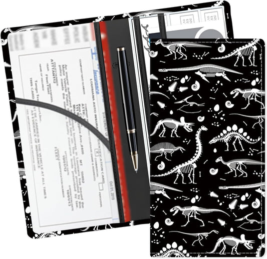 Leather Car Registration and Insurance Card Holder, Cute Car Accessories Vehicle Glove Box Car Organizer for Documents, Cards, License Black White Dinosaur