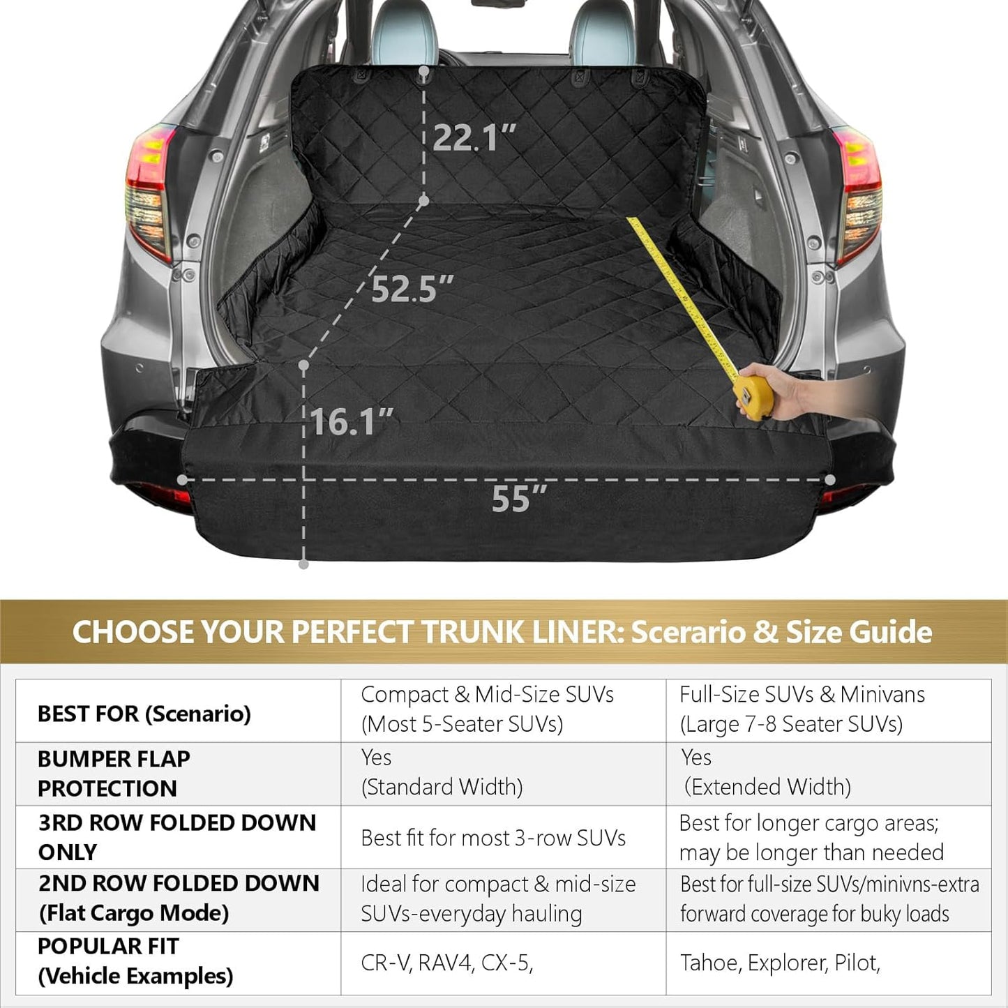 F-color SUV Cargo Liner for Dogs - 55 x 91 Inches Rear Cargo Cover, Black | Water Resistant, Bumper Flap, Non-Slip, Car Trunk Dog Car Seat Cover Prevents Scratches Pet Hair Mud Dirt for Mid-Size SUVs