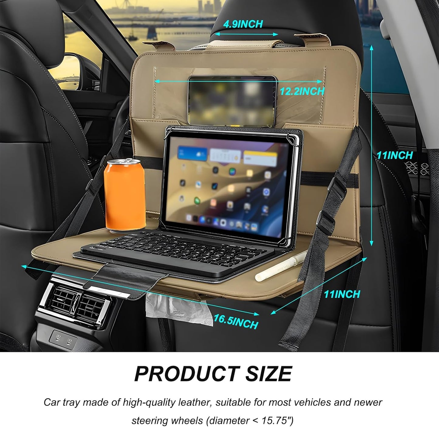 Car Steering Wheel Tray, Foldable Car Laptop Desk Eating Food Tray with Transparent Holder & Tissue Box, Adjustable Back Seat Headrest Table for in-Car Dining Working Studying (Beige)