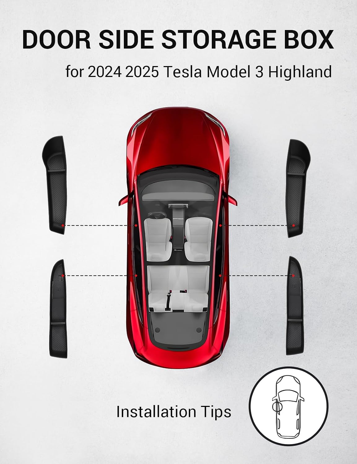 BASENOR 2026 2025 2024 Tesla Model 3 Door Side Storage Box, Door Pocket Liners, (Proprietary Design) TPE Front & Rear Side Organizer Tray Protector Liner for Model 3 Highland Set of 4