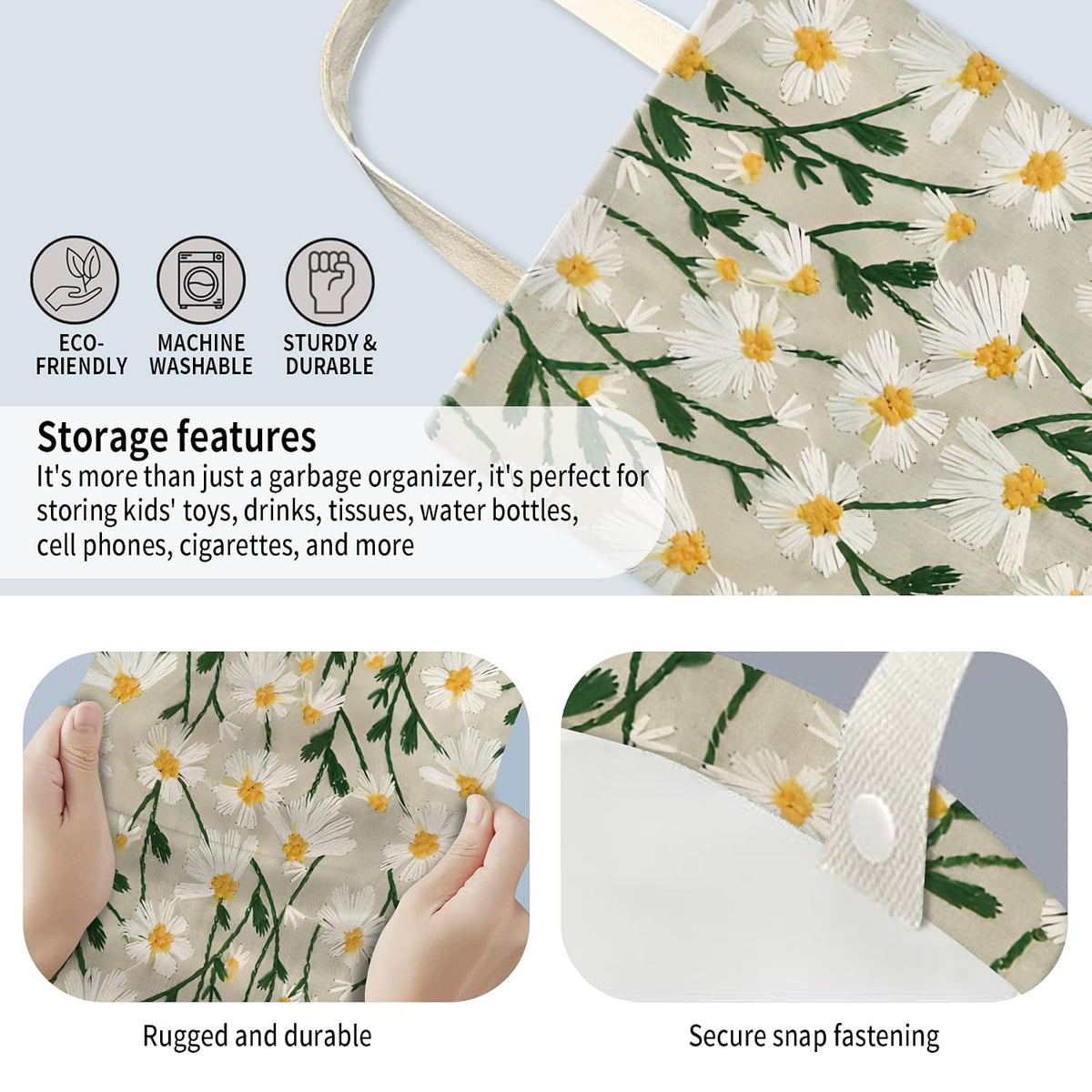 Car Trash Can, Hanging Garbage Bin for Men and Women, Cute Car Organizer and Storage Bag, Canvas Vehicle Trash Can Bag Easy-to-Install Cute White Floral
