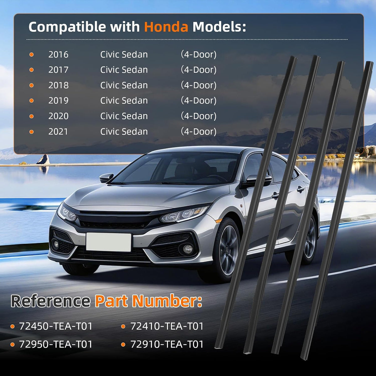 Window Weatherstrip Molding Trim Seal Belt, Compatible with Honda Civic 2016-2021 4-Door Sedan, Car Outer Door Window Sweeps, Replaces 72450-TEA-T01 72410-TEA-T01 72950-TEA-T01 72910-TEA-T01