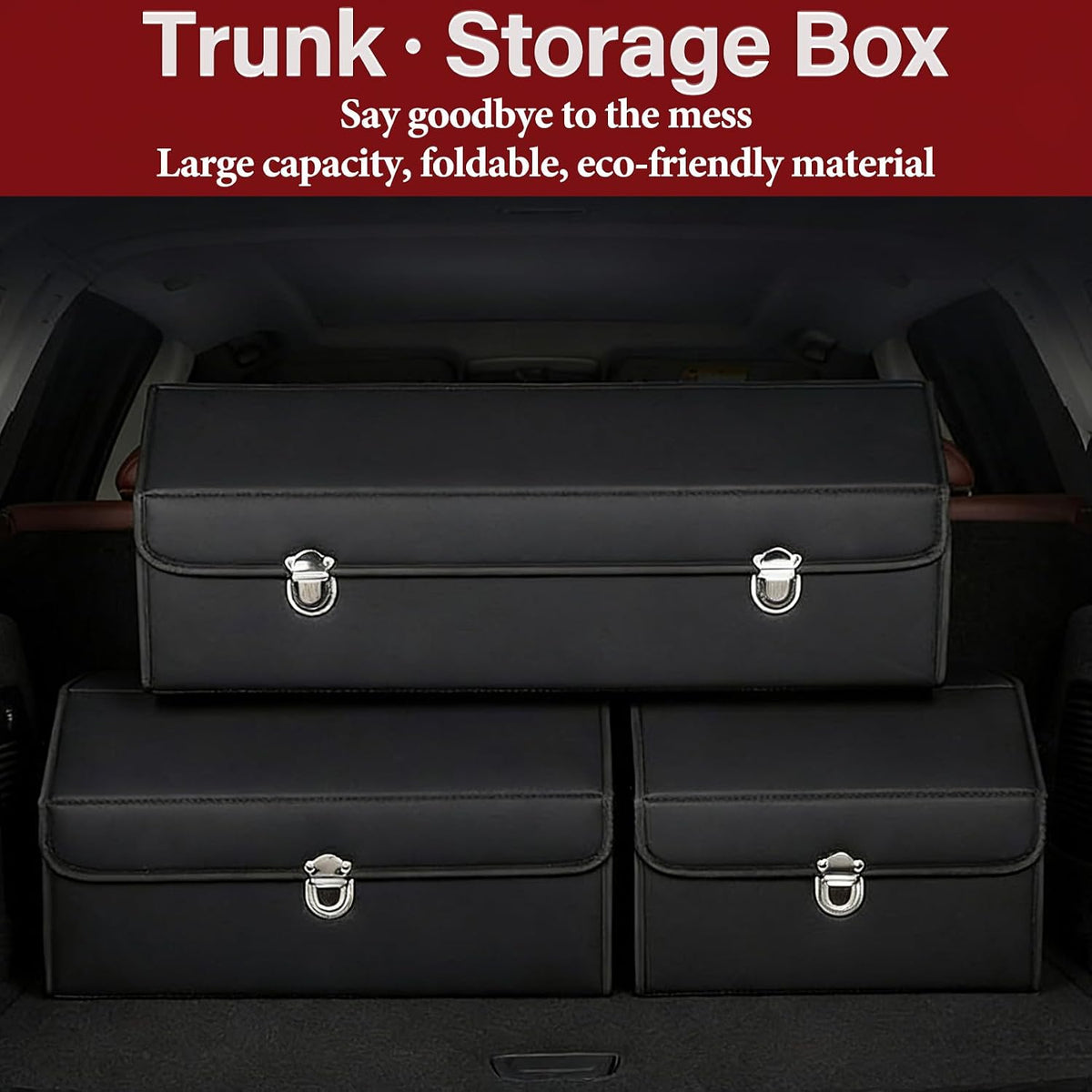 Leather Storage Box Car Trunk Organizer with Lid, Foldable PU Leather Cargo Storage Bin for SUV Sedan Truck, Portable Auto Organizer for Grocery Tool Storage, Black 29.5" L*12.2" W*11.8" H