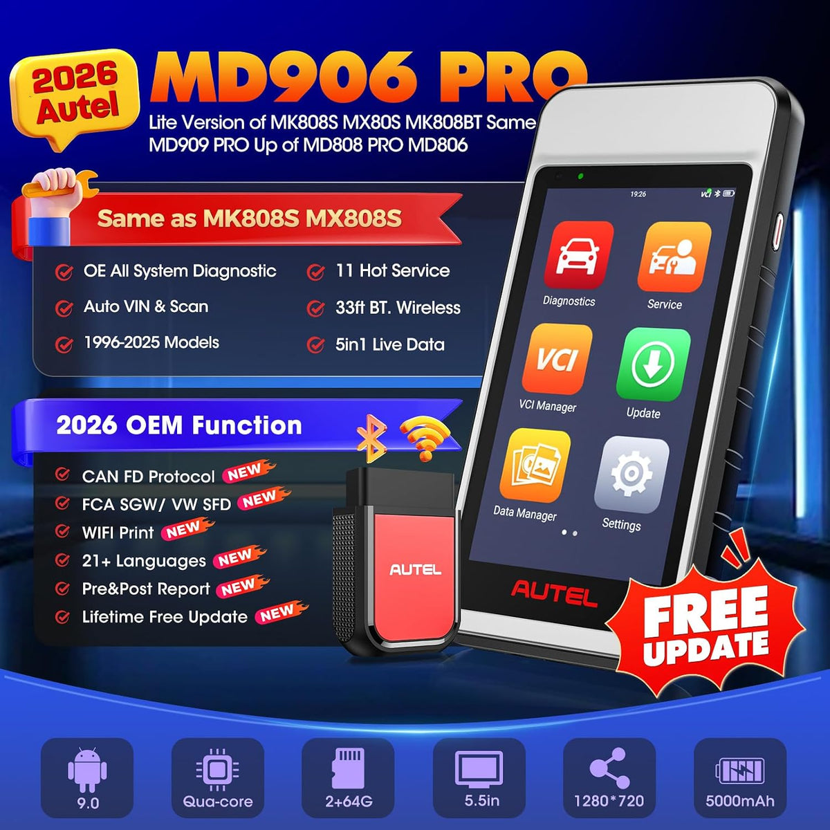 Autel MaxiDiag MD906 PRO 2026, All-Sys OBD2 Diagnostic Scanner, 11 Service