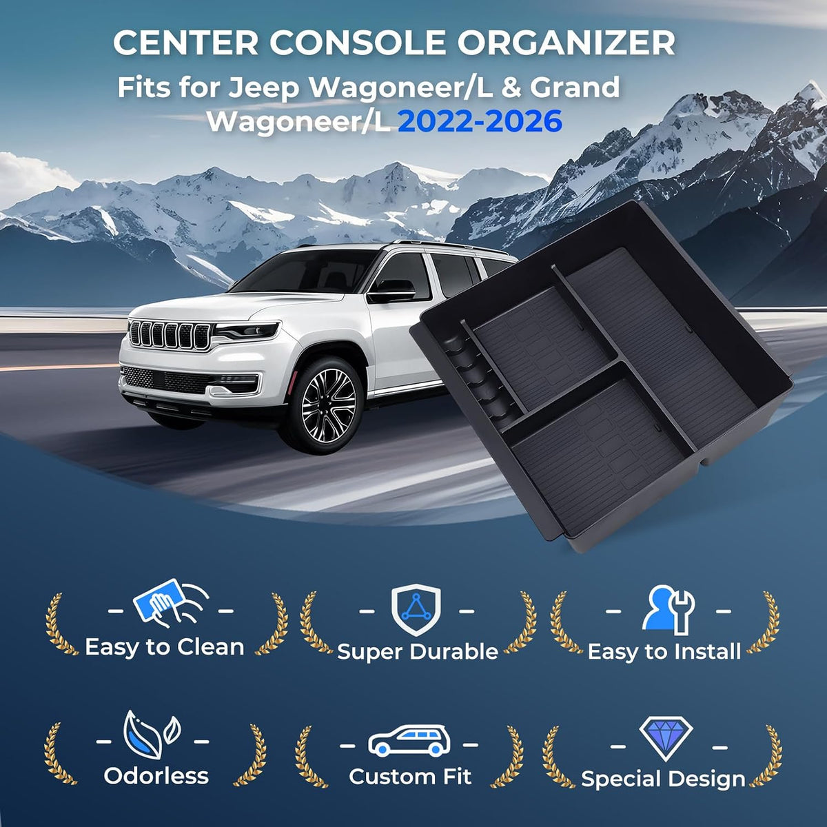 Center Console Organizer Tray Storage Box for Jeep Wagoneer/L & Jeep Grand Wagoneer/L 2022-2026 (Only without Cool Box & Not Fit Wagoneer S), Interior Accessories Armrest Insert Tray, Black