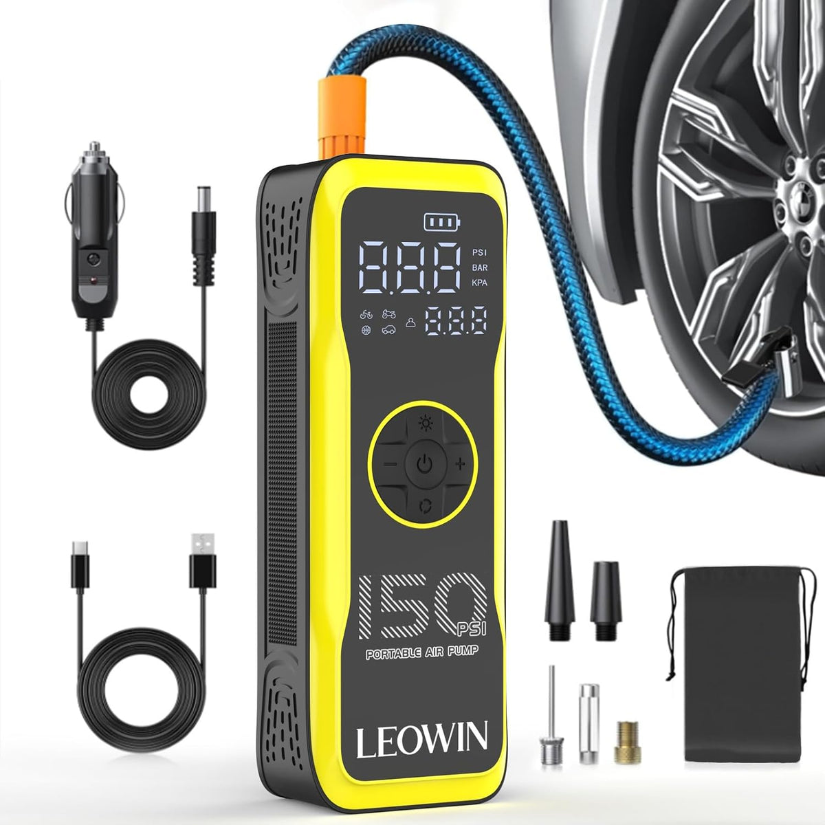 LEOWIN Portable Tire Air Pump with Digital Tire Pressure Meter/LED Light