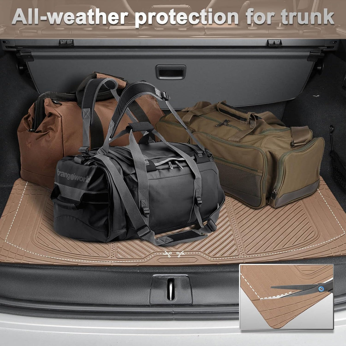 CAR PASS Beige Rubber Floor Mats&Cargo Liner,Waterproof Truck Mats Heavy Duty,All Weather Trim-to-Fit Automotive Mat for Car Truck SUV,Anti-Slip Easy Clean Durable,Full Set 5-Piece,3D Emboss All Beige