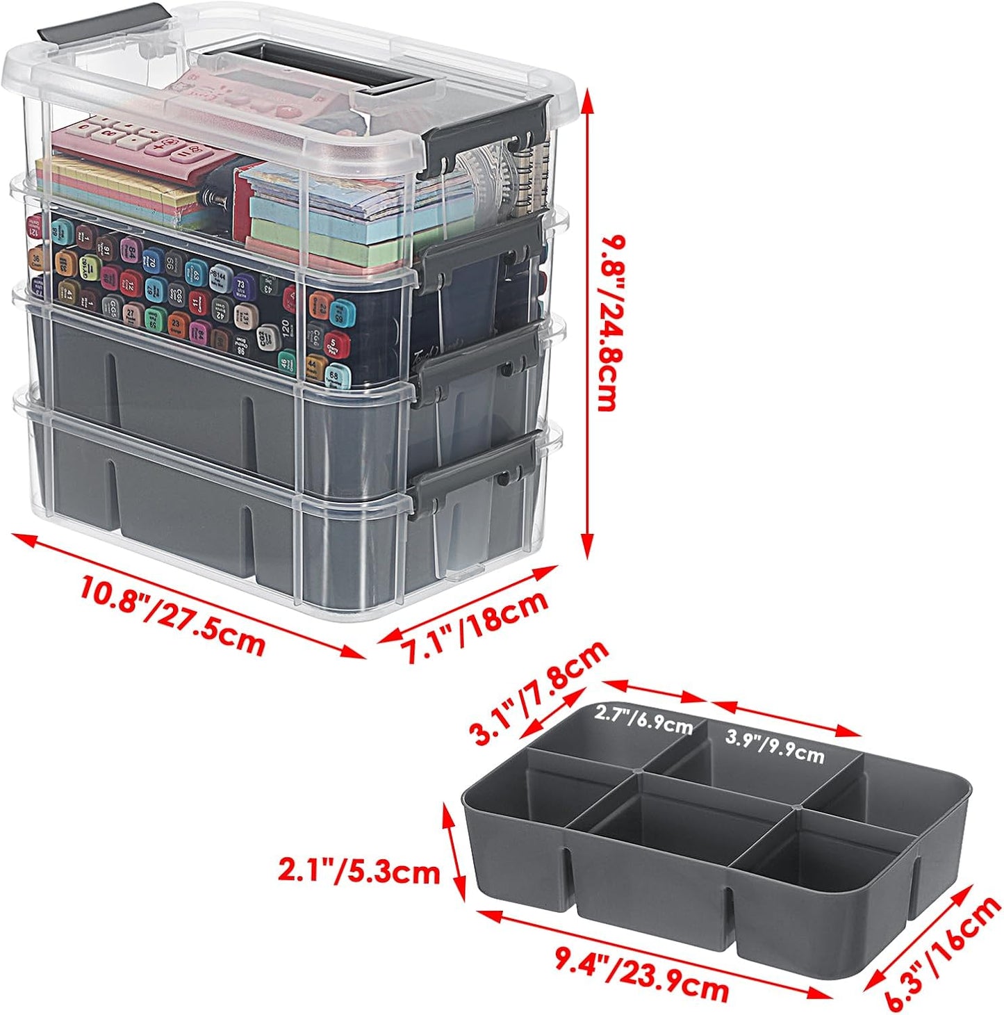 JUXYES 4-Tiers Plastic Stack Carry Storage Containers Box wih Handle Lids | Clear Stackable Latching Storage Bin With 2 Tray for School Office, Organizing Sewing, Art Craft, DIY Supplies, Gray