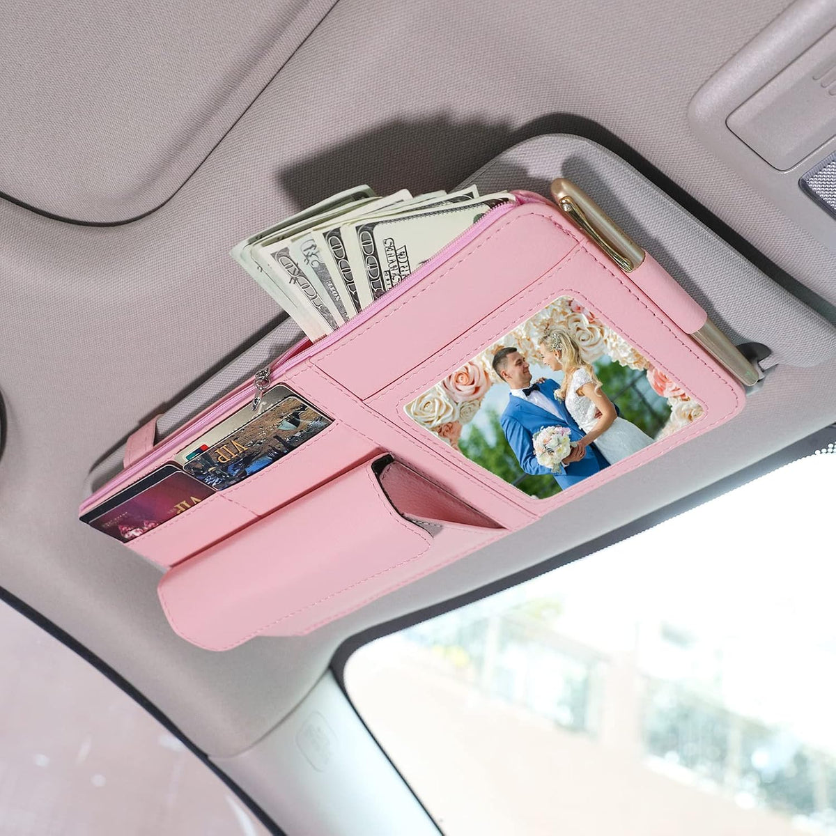 Pink Car Sun Visor Organizer, Multi-Pocket Storage Pouch for Trucks & SUV